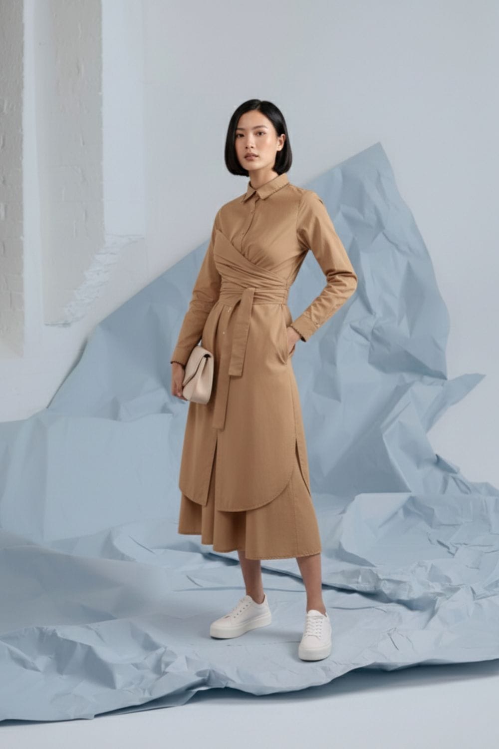 Beige Thea shirt dress by Doodlage, shown on a hanger with button-down front and long sleeves, casual and stylish design.
