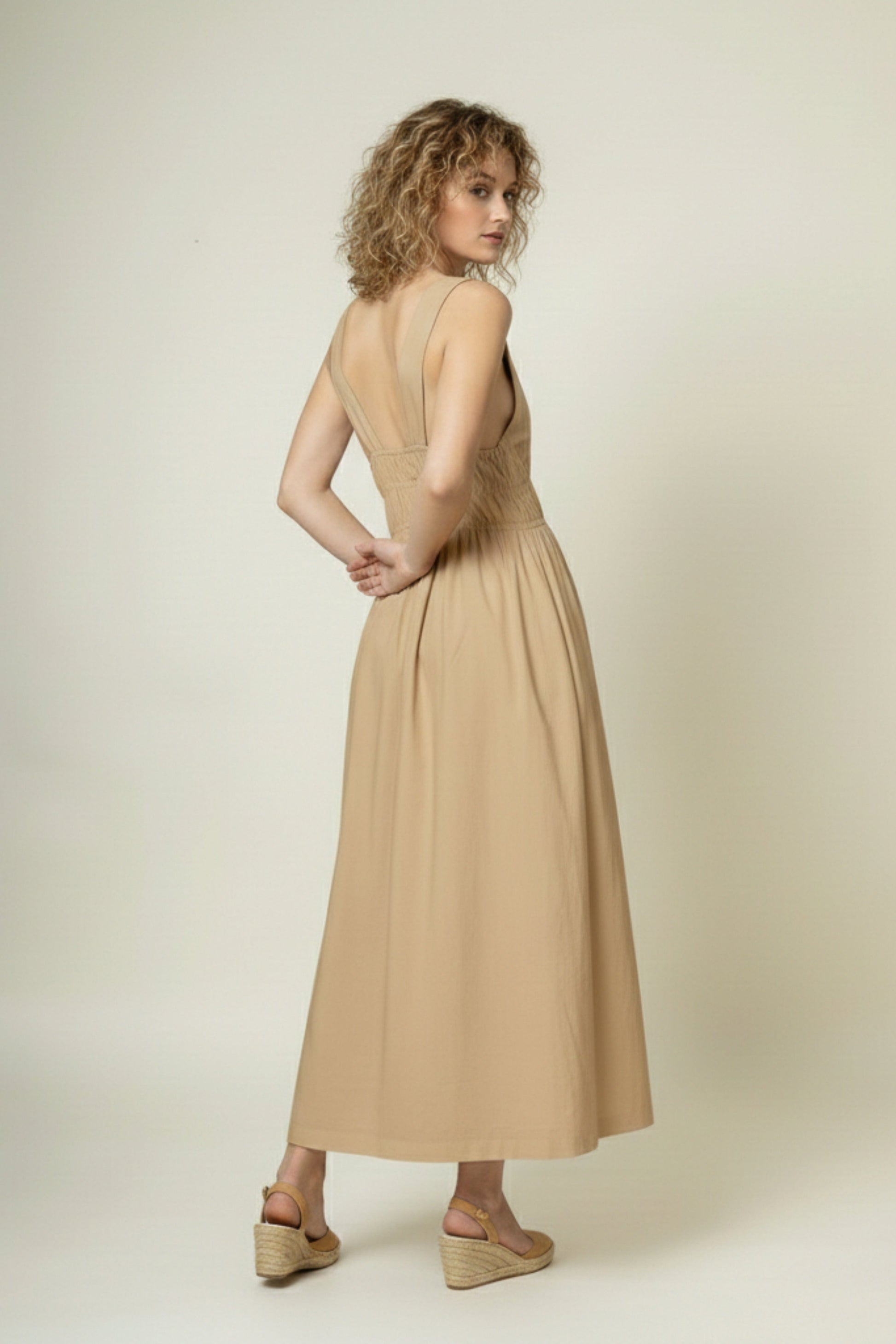 August beige dress by Doodlage, lightweight fabric, sleeveless design with subtle detailing and a relaxed fit.