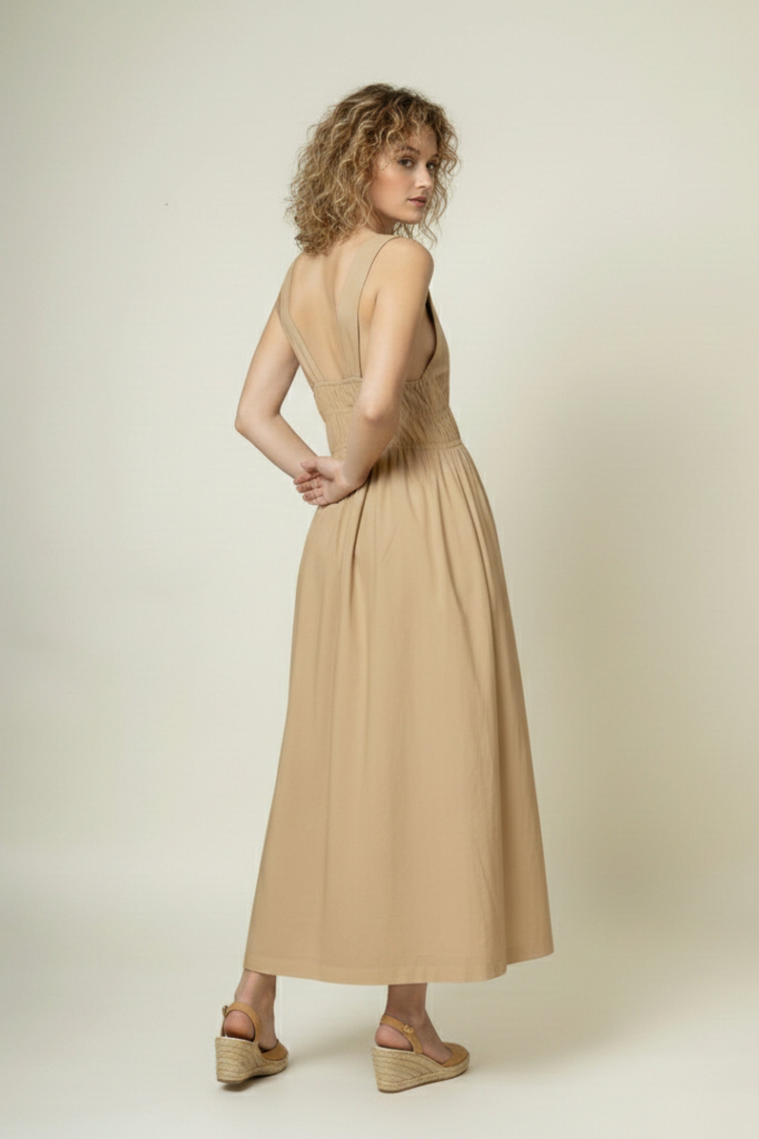 August beige dress by Doodlage, lightweight fabric, sleeveless design with subtle detailing and a relaxed fit.
