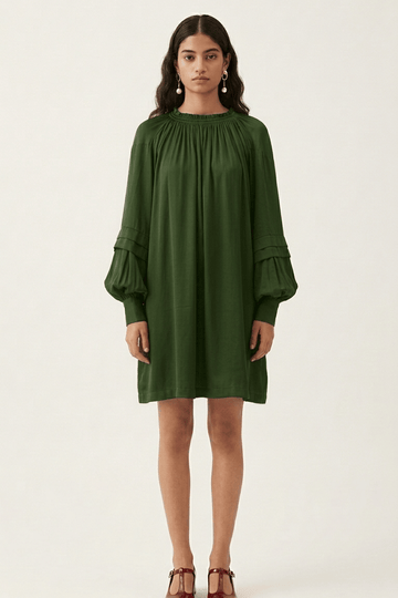 Doodlage Alice olive dress, knee-length with a relaxed fit and short sleeves, displayed on a hanger with a plain background.