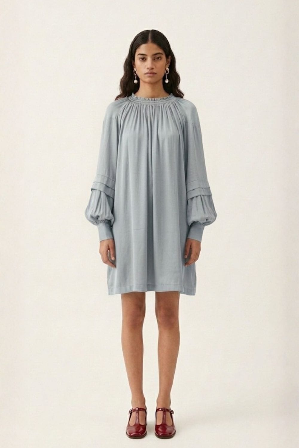 Alice blue dress by Doodlage featuring a stylish, flowy design with long sleeves and a fitted waist for a casual yet elegant look.