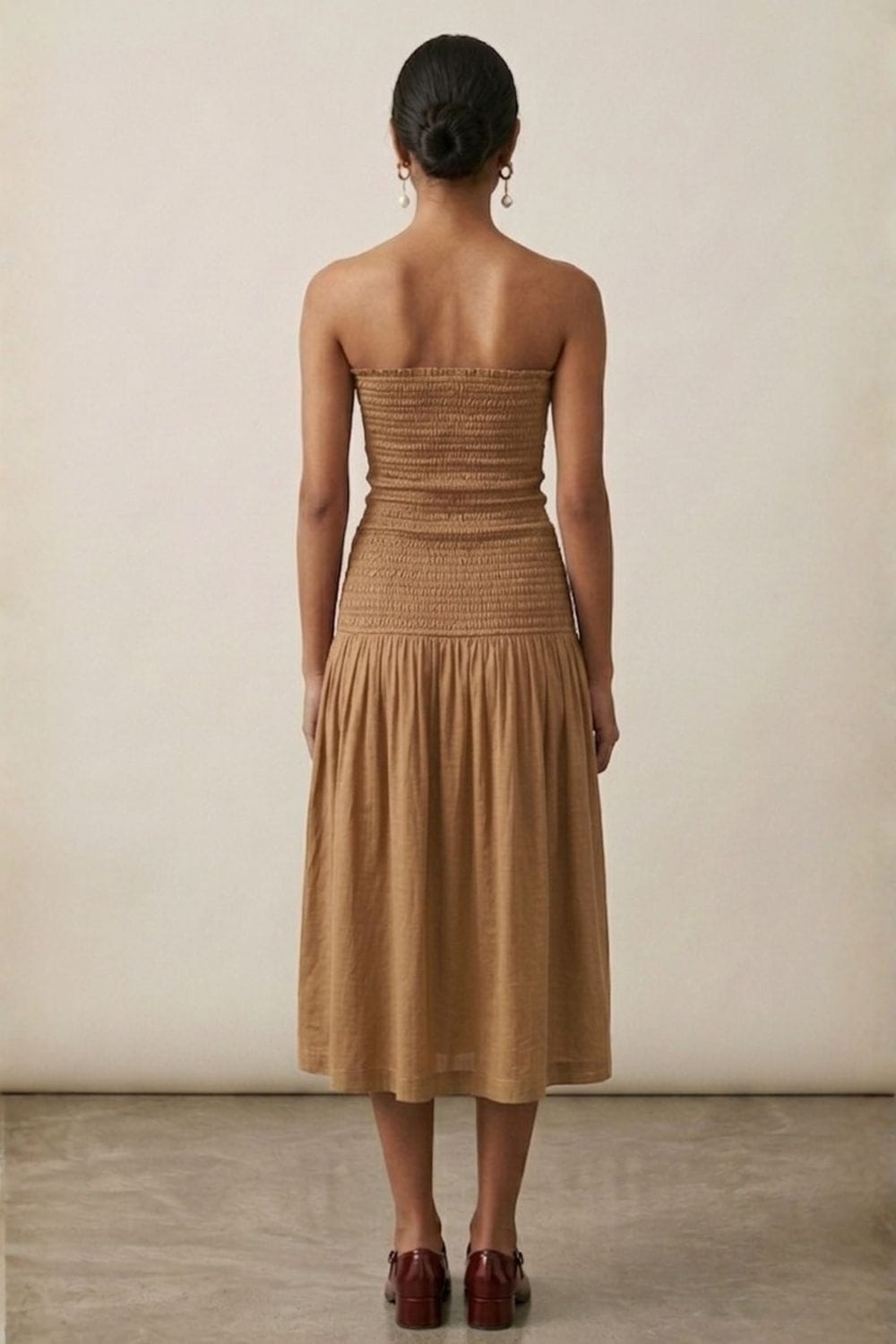 Cherry beige Doodlage dress showing a knee-length design with long sleeves and a fitted silhouette on a neutral background.