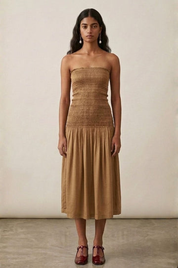 Cherry beige Doodlage dress displayed on a hanger, featuring a flowy fabric and stylish design suitable for casual or semi-formal wear.