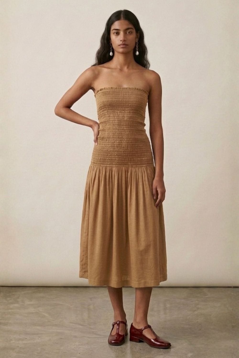 Beige cherry dress by Doodlage featuring a stylish, comfortable design with a flowing silhouette and cherry print details.