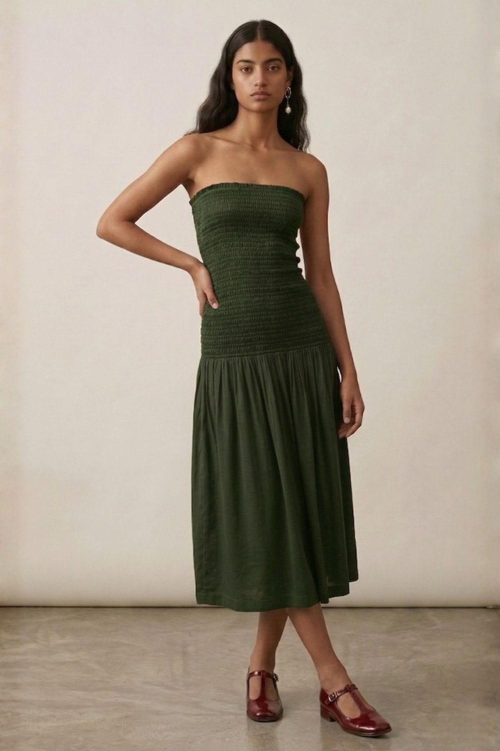 Green cherry patterned dress by Doodlage, stylish and comfortable fashion for casual and semi-formal occasions.