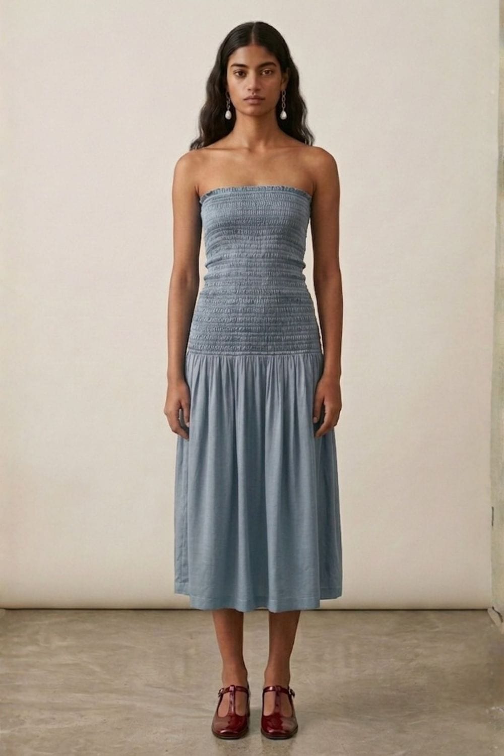 Cherry dusty blue dress by Doodlage, featuring a flowy silhouette with long sleeves and a round neckline.