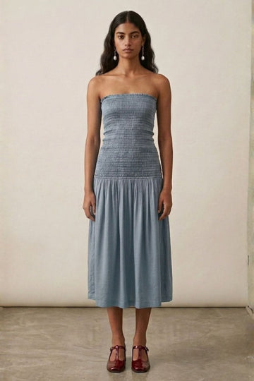Cherry dusty blue dress by Doodlage, featuring a flowy silhouette with long sleeves and a round neckline.
