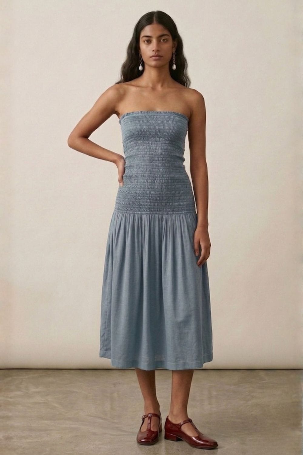 Cherry dusty blue Doodlage dress with a flowy silhouette, featuring long sleeves and a relaxed fit, ideal for casual occasions.
