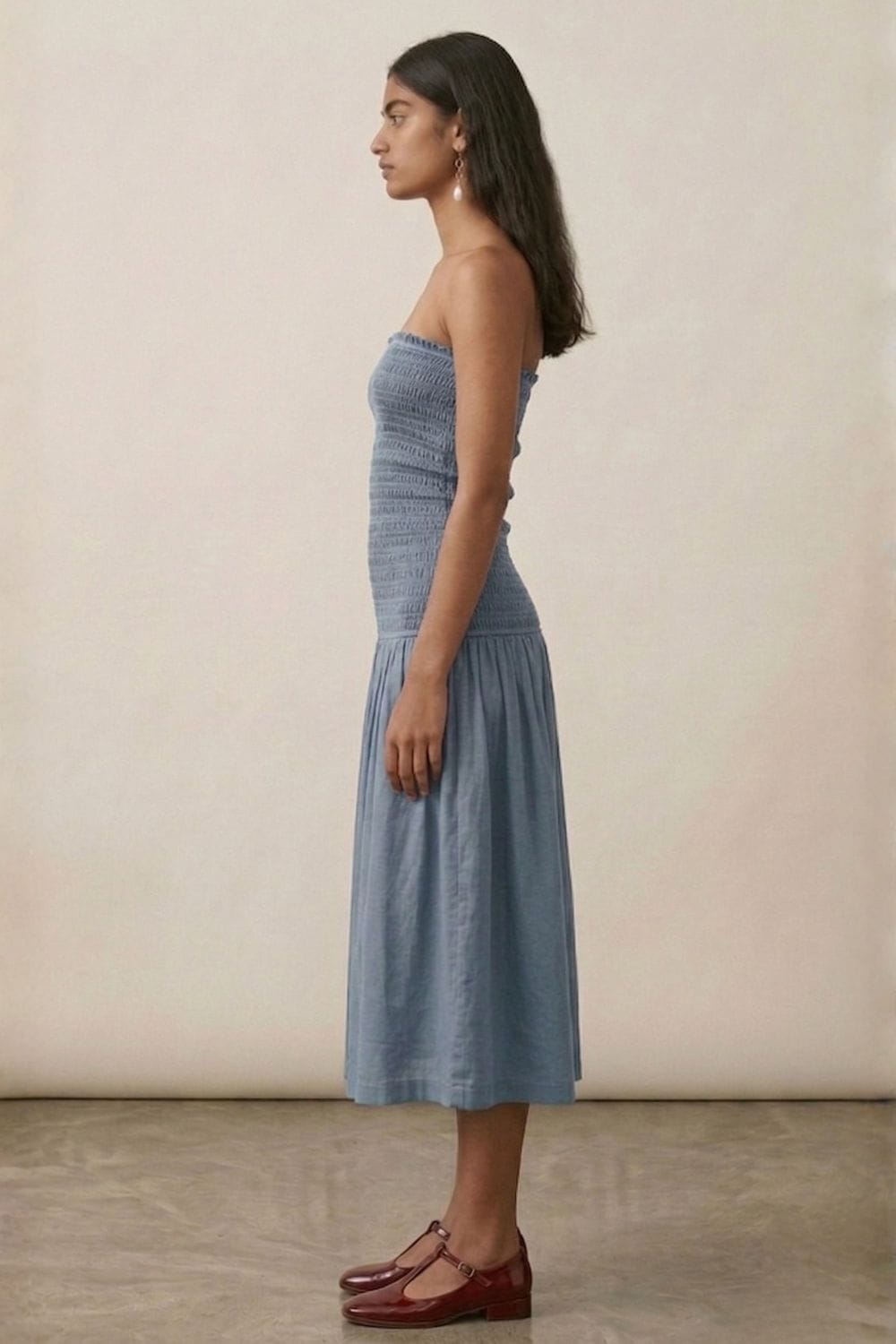 Cherry dusty blue dress by Doodlage featuring a flowy silhouette and subtle textured fabric, perfect for casual or semi-formal wear.