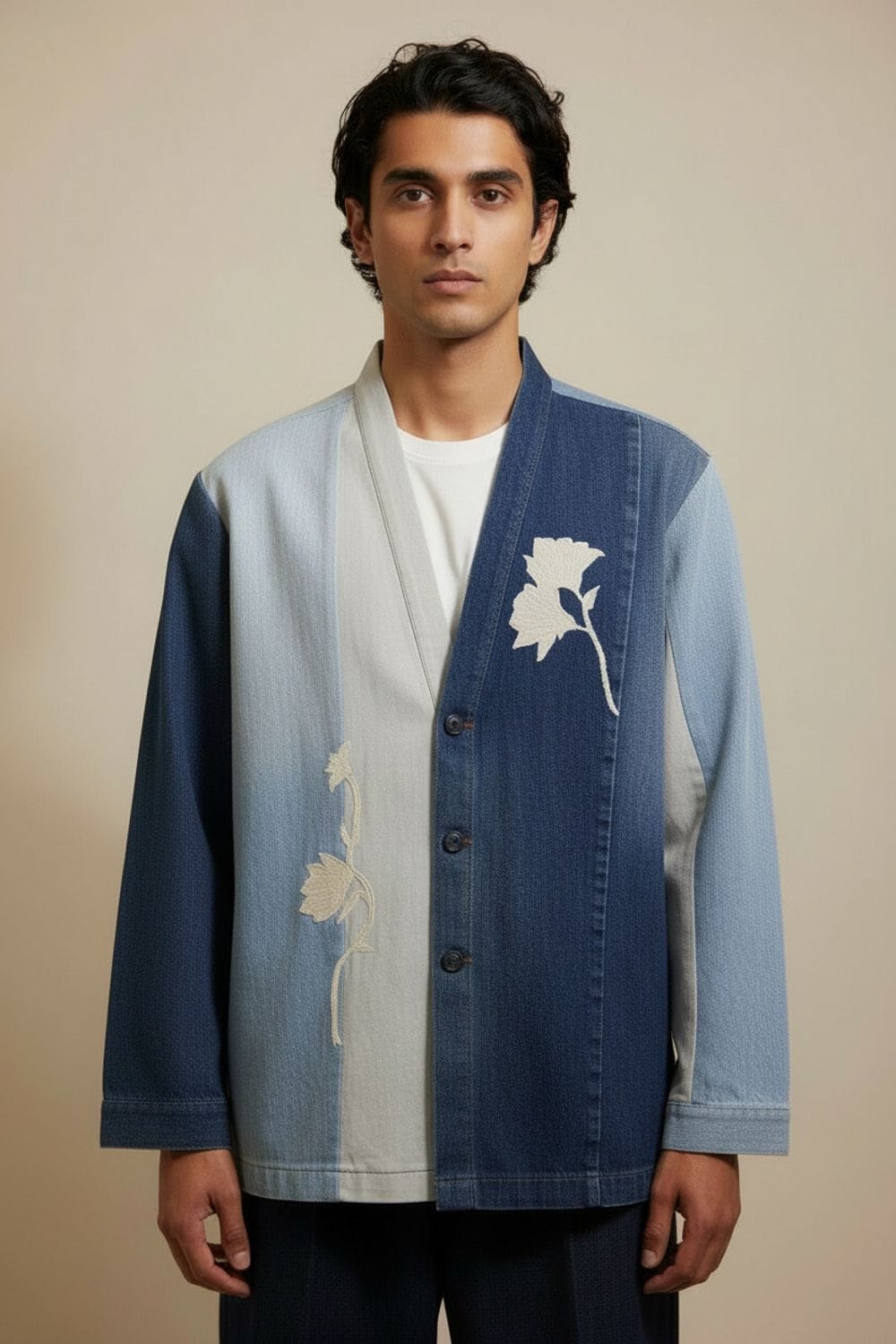 Doodlage Ivy denim panelled jacket with mixed fabric panels, front zipper closure, and collar, styled on a mannequin.