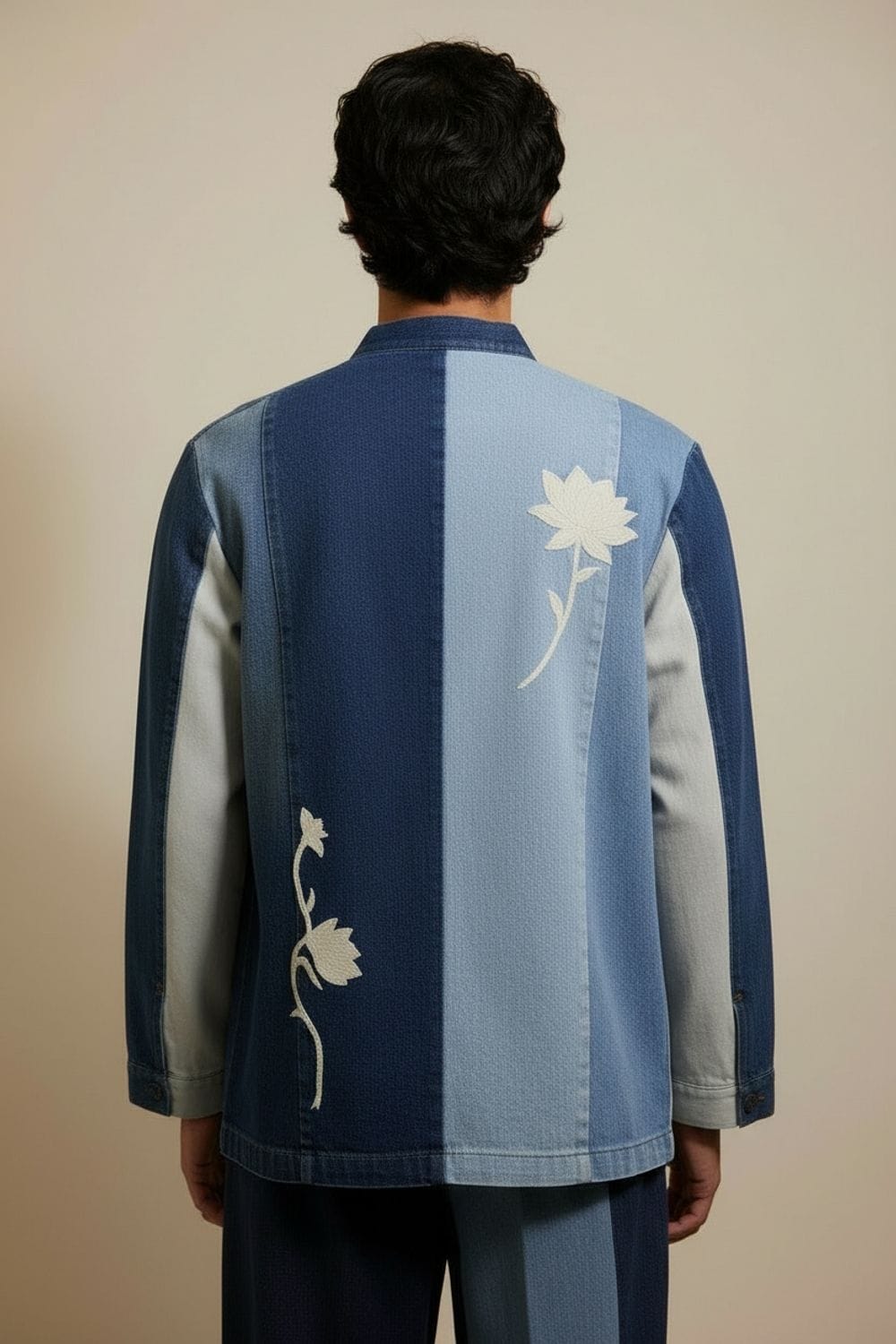 Doodlage Ivy denim panelled jacket with mixed fabric panels, long sleeves, and a classic collar, displayed on a hanger.