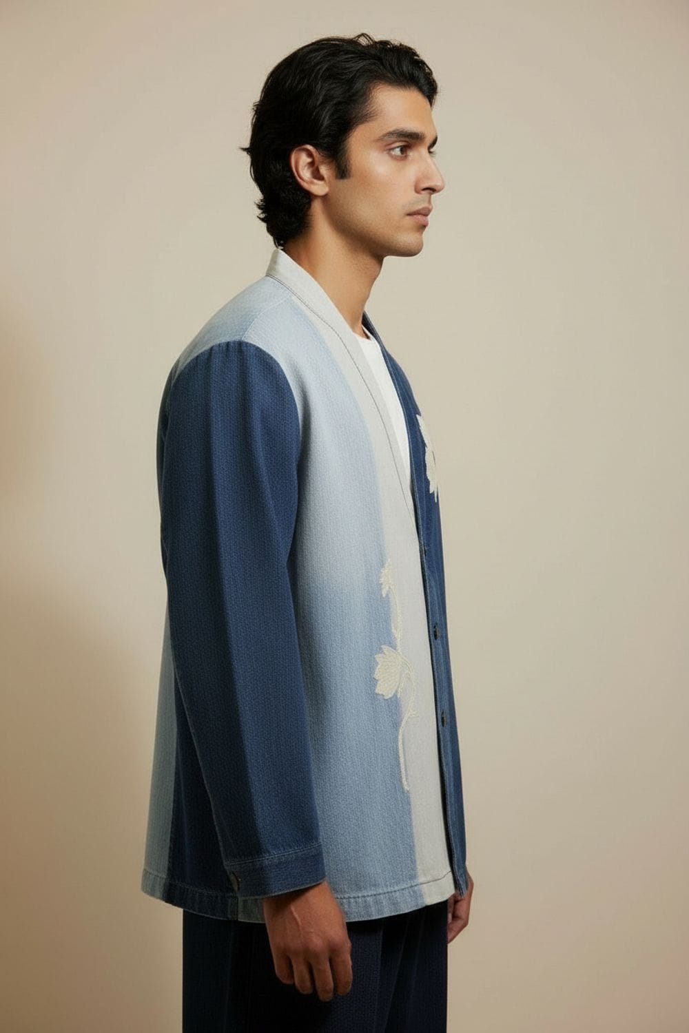 Doodlage Ivy denim panelled jacket with mixed fabric panels, front pockets, and button closure, stylish and casual outerwear.