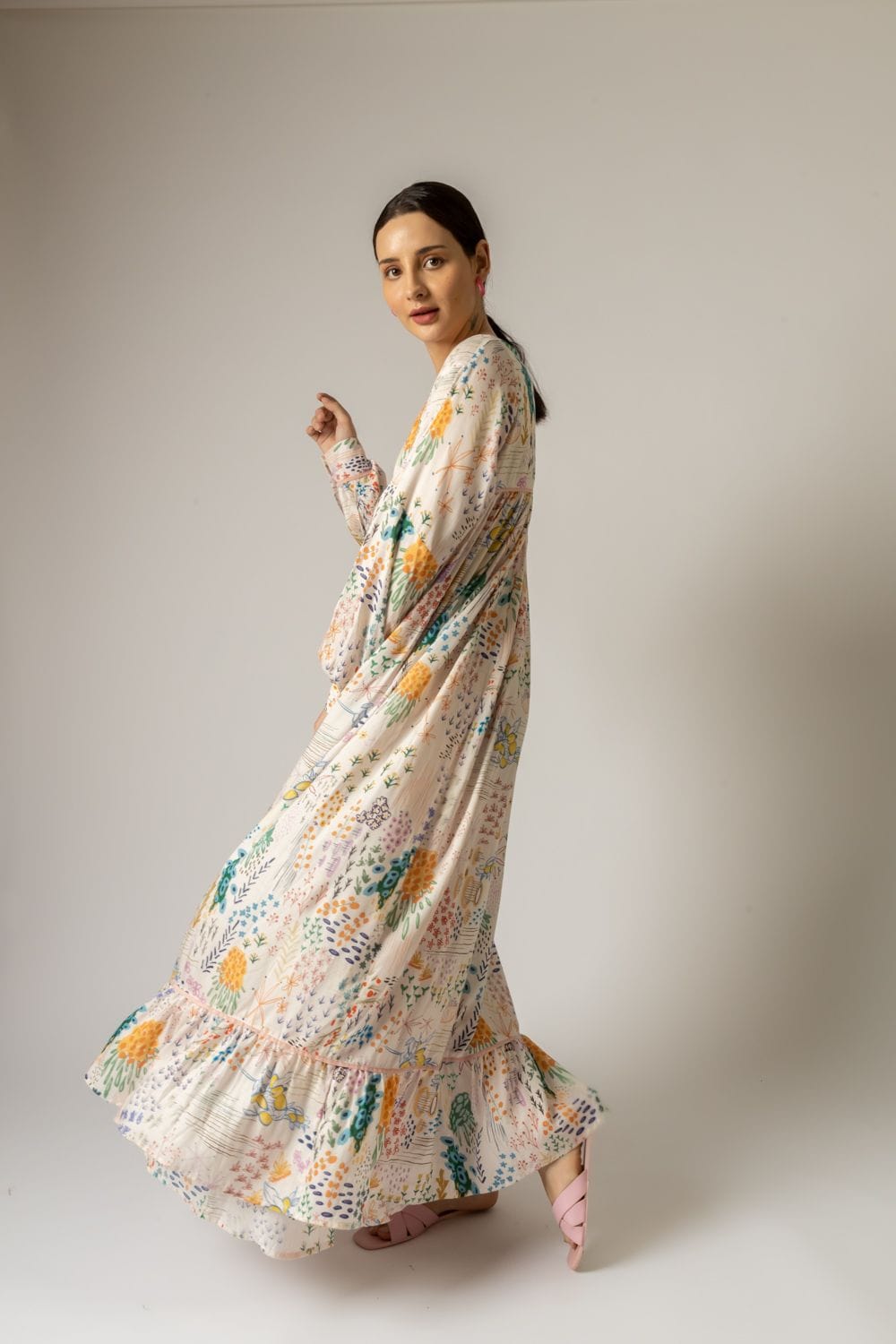 Doodlage Yayoi printed dress with vibrant floral patterns, knee-length design, and lightweight fabric for casual wear.