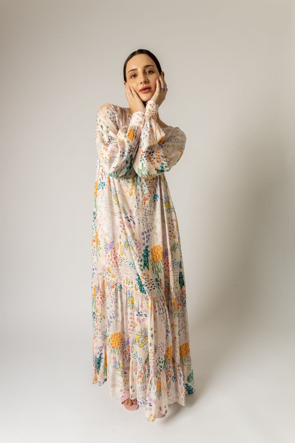 Doodlage Yayoi printed dress in vibrant fabric, showcasing a stylish, modern design with intricate patterns and a flattering fit.