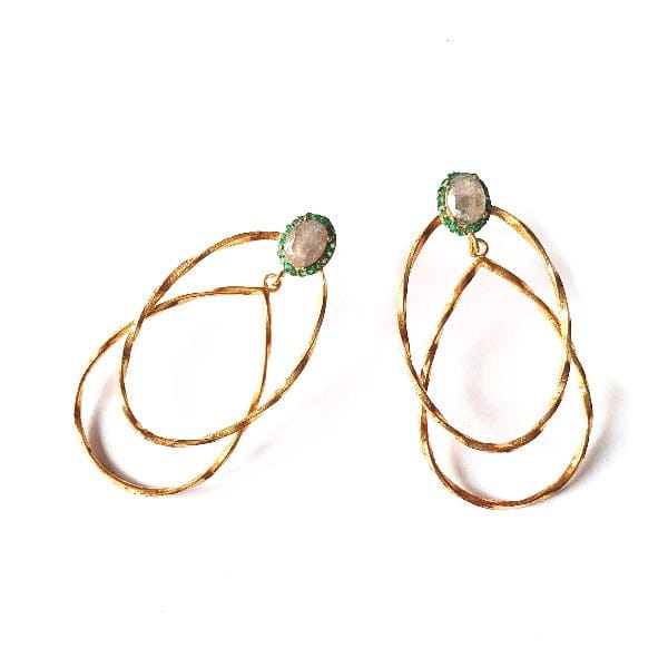 Bombaybirds Estrie earrings with gold-tone hoops, showcasing a sleek, minimalist design in close-up.