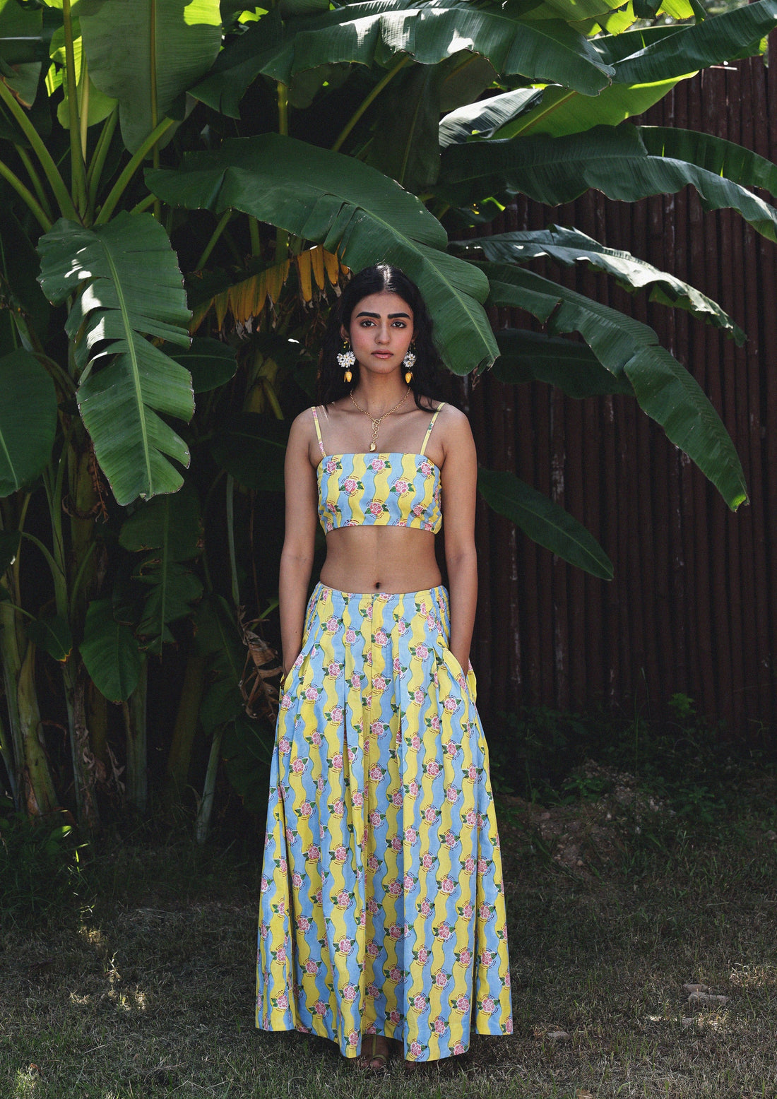 Light green Etah Skirt Ganga Lime by The Raw India, showcasing traditional woven fabric with intricate patterns.