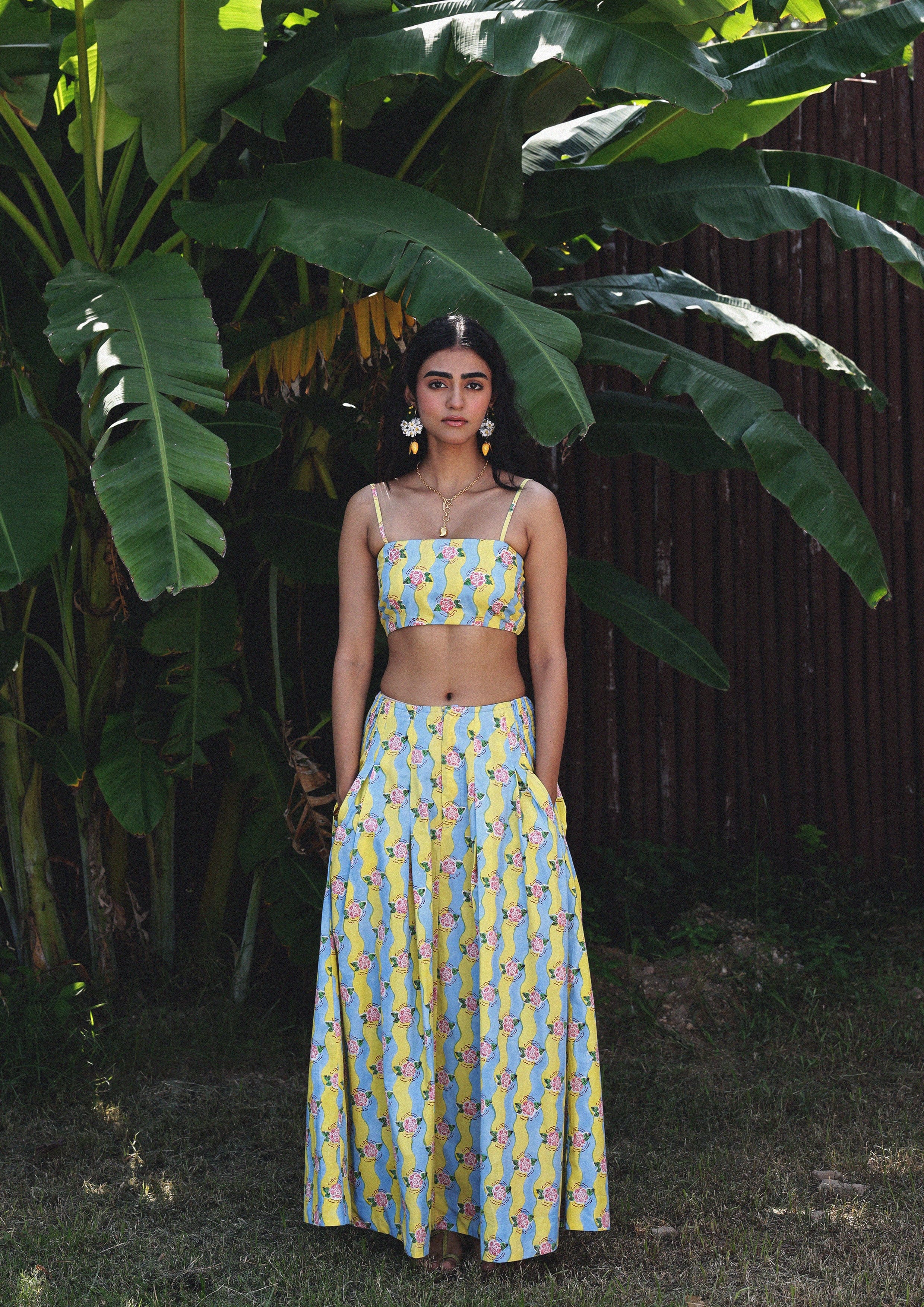 Light green Etah Skirt Ganga Lime by The Raw India, showcasing traditional woven fabric with intricate patterns.