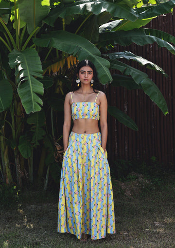 Light green Etah Skirt Ganga Lime by The Raw India, showcasing traditional woven fabric with intricate patterns.