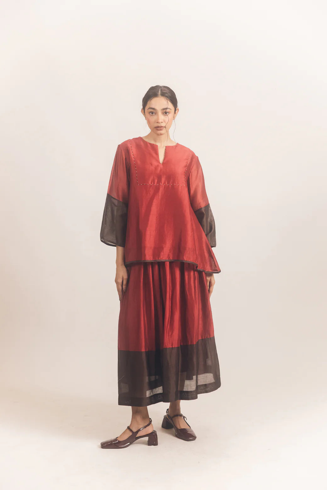 Red brown chanderi skirt set