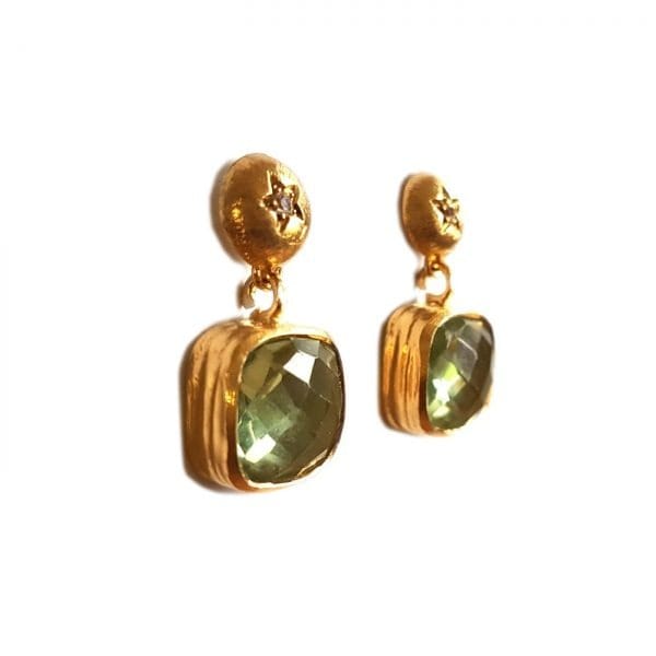 Green cushion drop earrings from Bombaybirds Izare collection featuring elegant, lightweight design and intricate detailing.