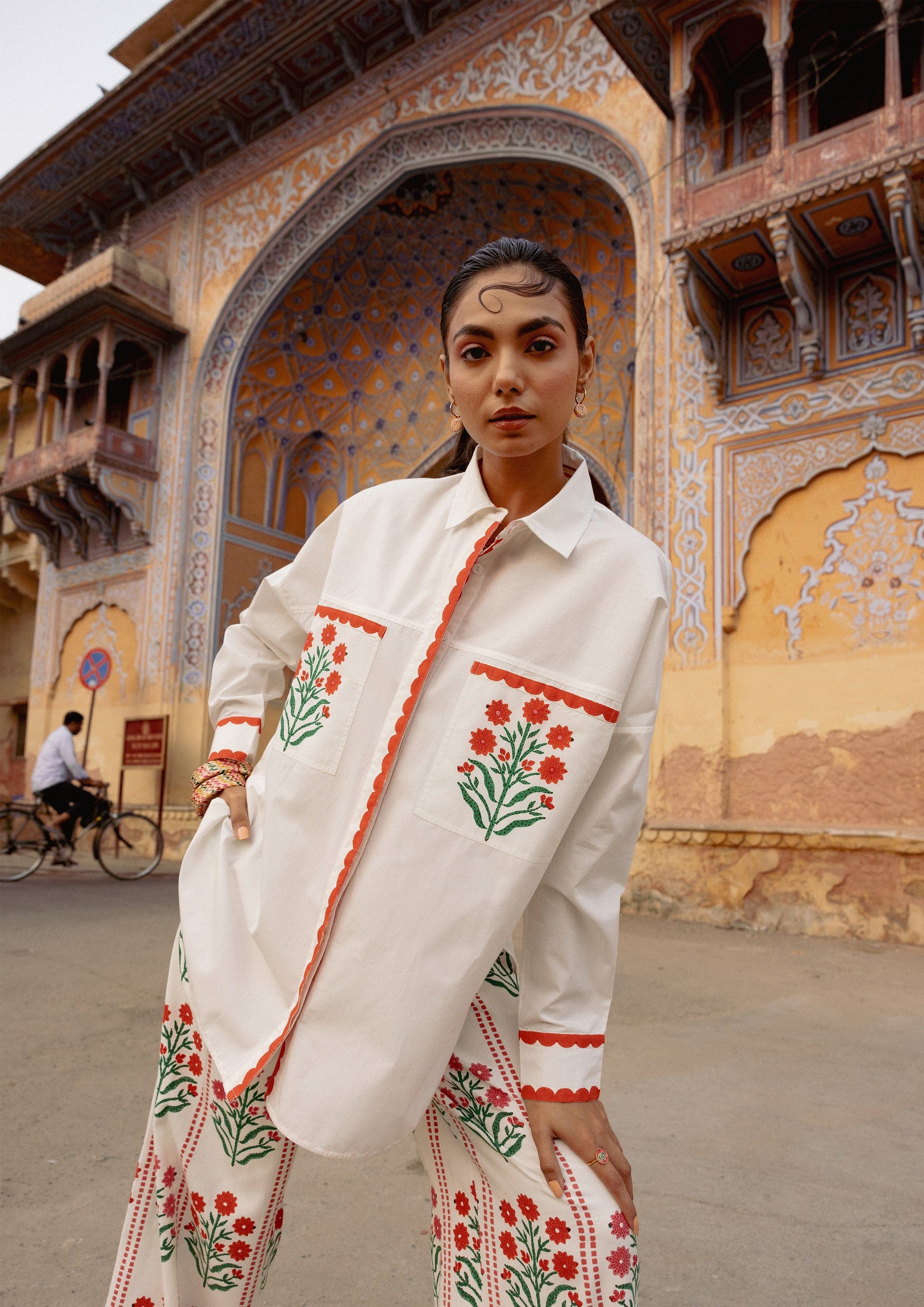 The Raw India Jaigarh shirt with blossom buta pattern, featuring intricate floral designs on a stylish shirt fabric.