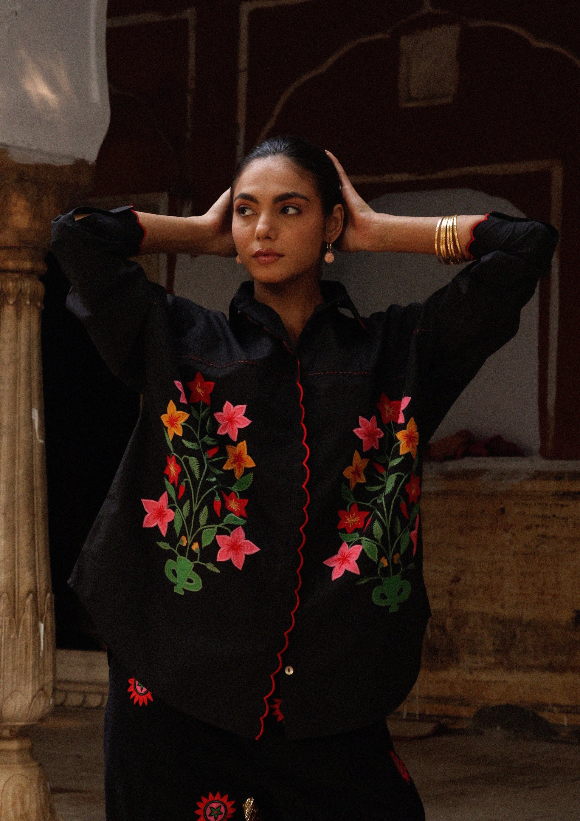The Raw India Jaigarh shirt featuring aster buta patchwork embroidery with detailed floral and geometric patterns on fabric.