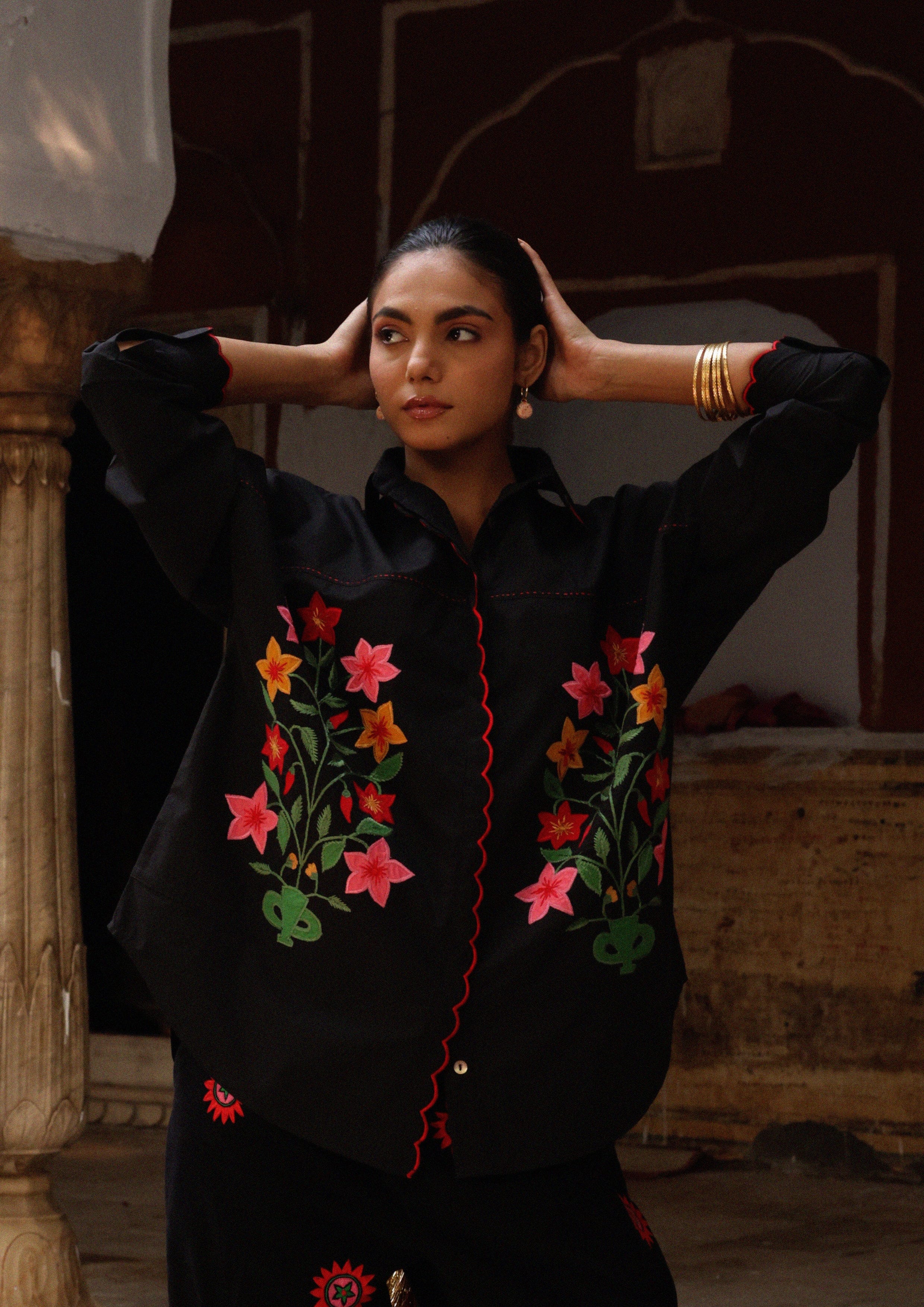 The Raw India Jaigarh shirt featuring aster buta patchwork embroidery with detailed floral and geometric patterns on fabric.