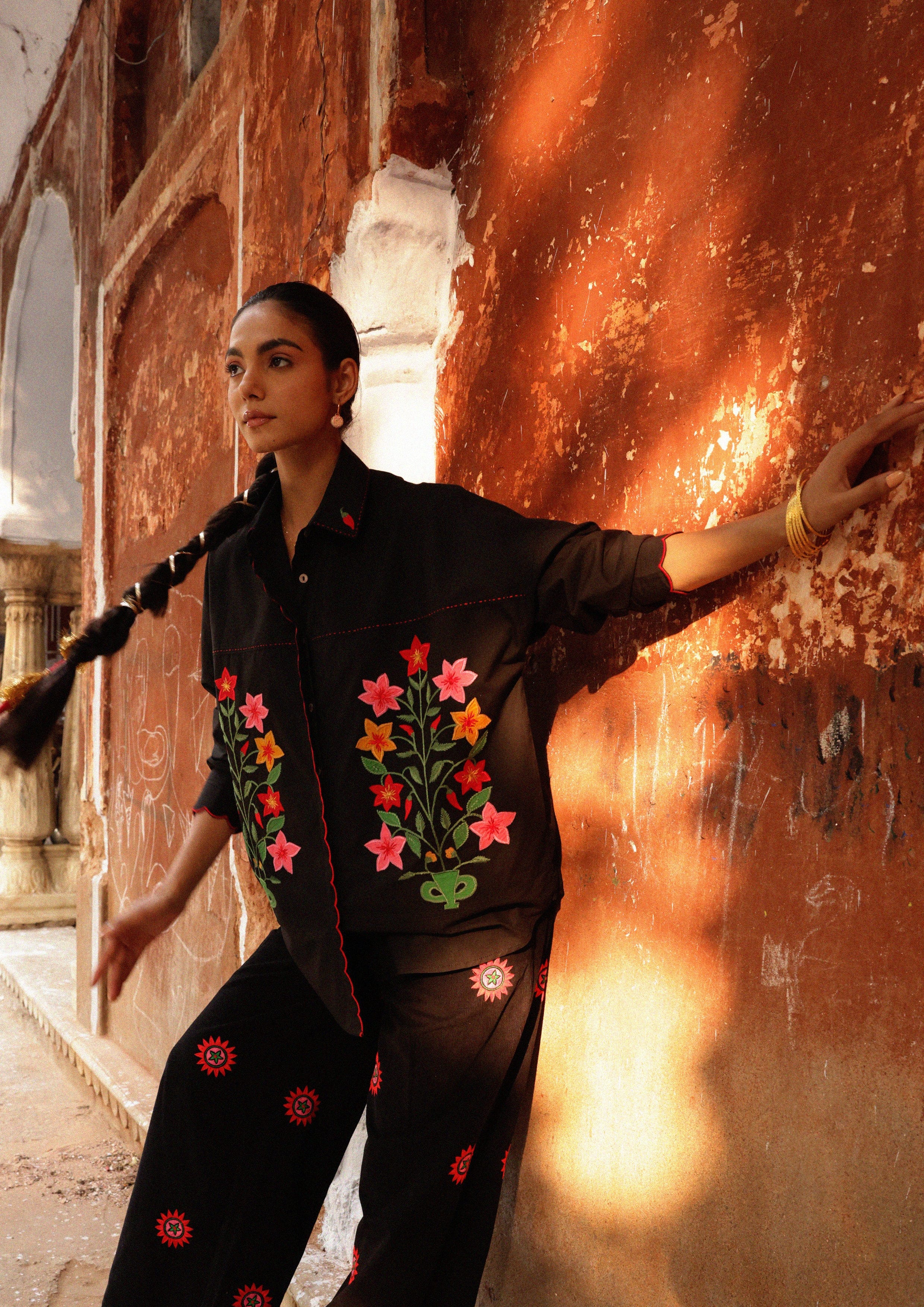 Jaigarh shirt by The Raw India featuring aster buta patchwork embroidery and traditional design details.