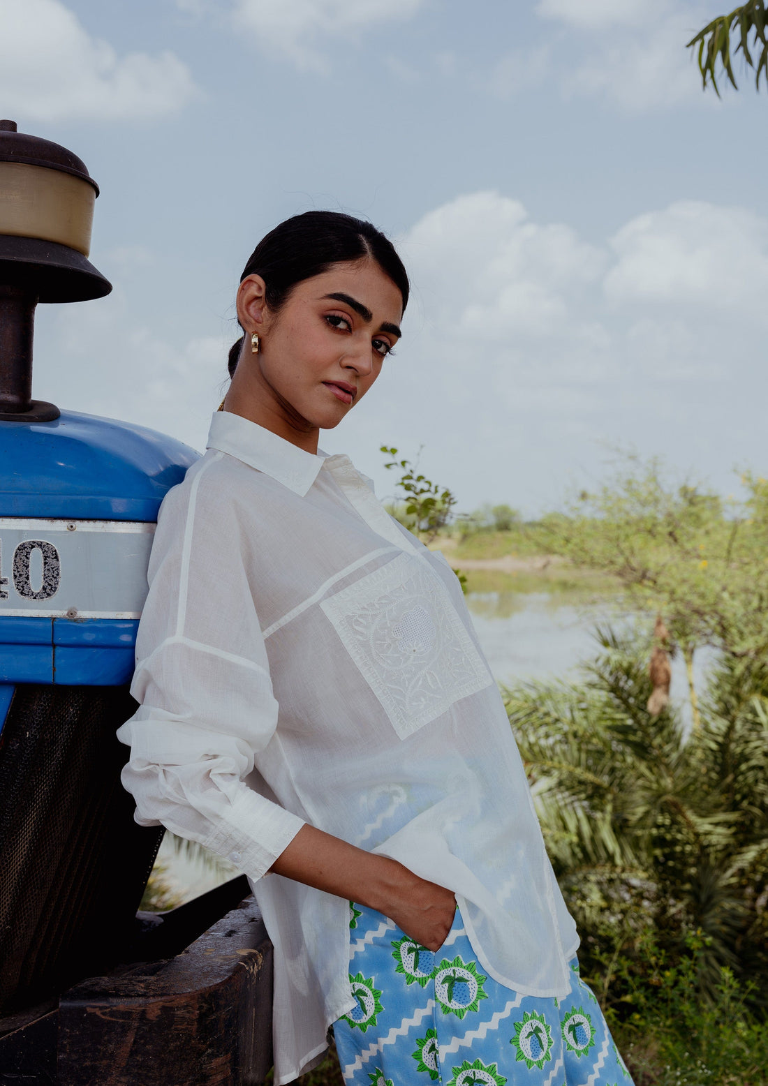 White Jaigarh shirt with intricate Chikankari embroidery, featuring traditional handcrafted Indian craftsmanship.