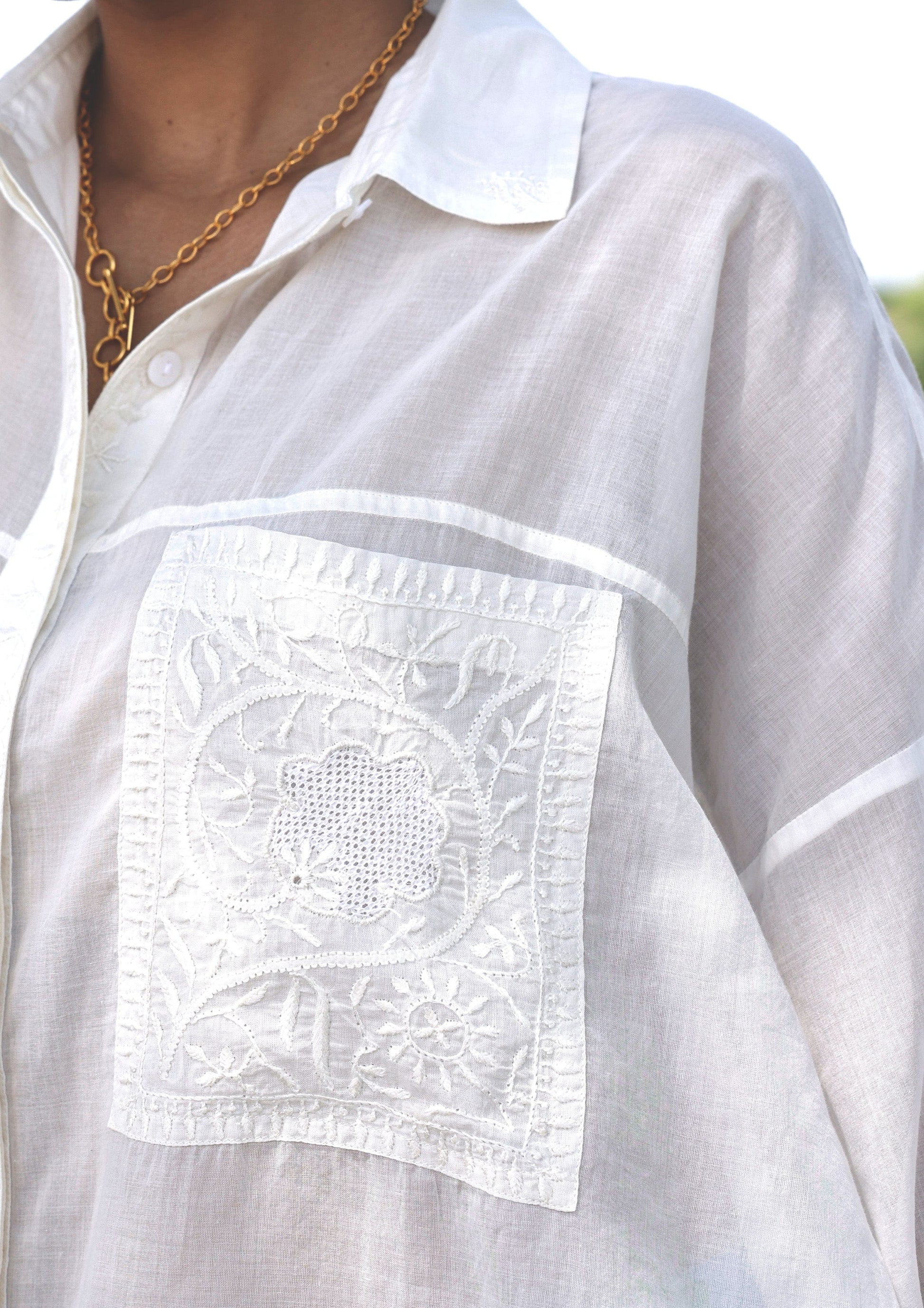 White Jaigarh Chikankari shirt by The Raw India, showcasing intricate embroidery on a stylish tops design.