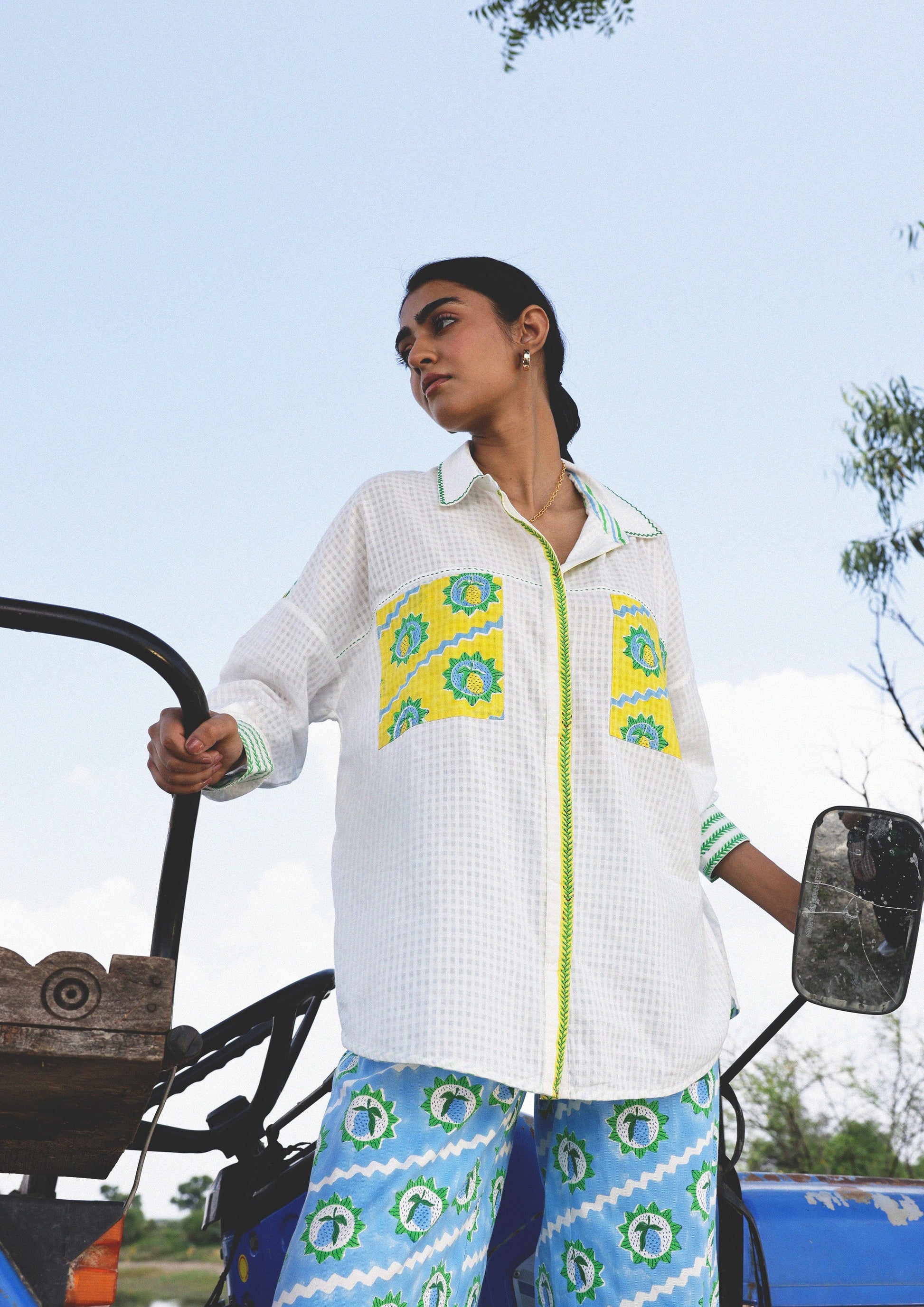 The Raw India Jaigarh Shirt in Mango block print featuring traditional pattern and lightweight fabric, front view.