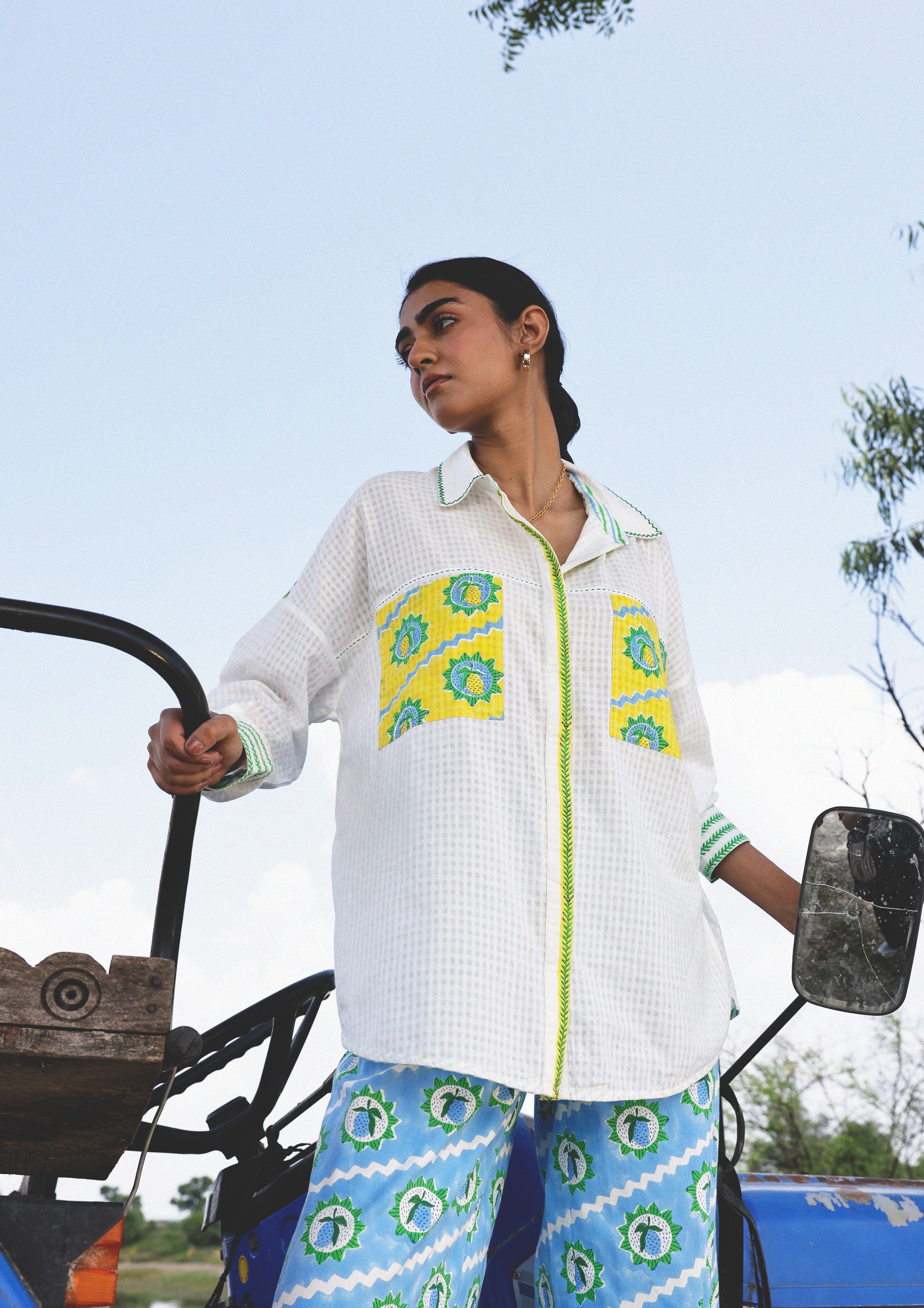 The Raw India Jaigarh Shirt in Mango block print featuring traditional pattern and lightweight fabric, front view.