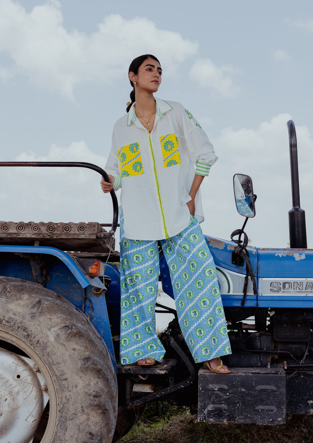 The Raw India Jaigarh Shirt in Mango block print featuring traditional pattern and lightweight fabric, front view.