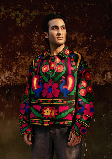 Pink Jaipur jacket by The Raw India with intricate peacock embroidery and traditional Indian design.