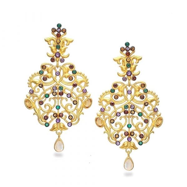 Bombaybirds Jhija earrings featuring intricate gold-toned design with delicate hanging elements on a white background.