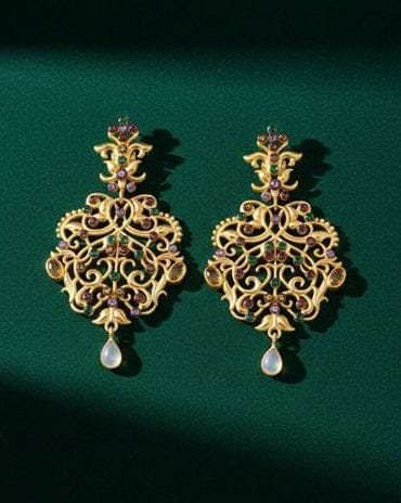 Bombaybirds Jhija earrings featuring intricate design and gold-tone finish, hanging jewelry for stylish women