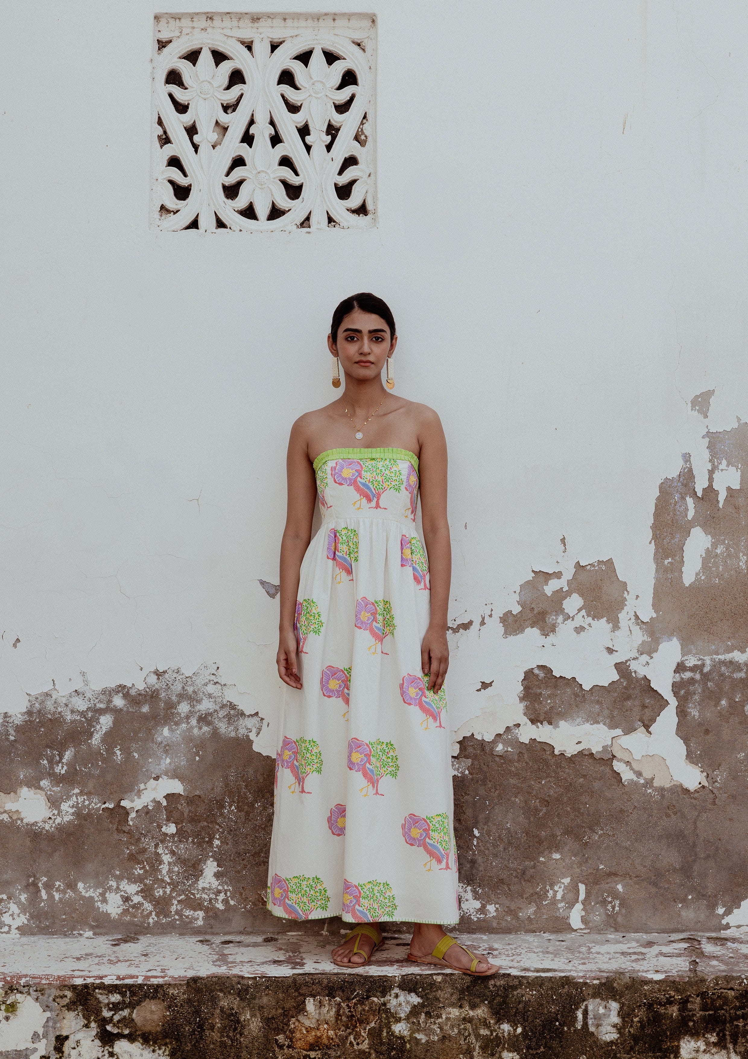 Elegant Jobner Dress Saras Crane by The Raw India, featuring intricate embroidery and vibrant traditional design.