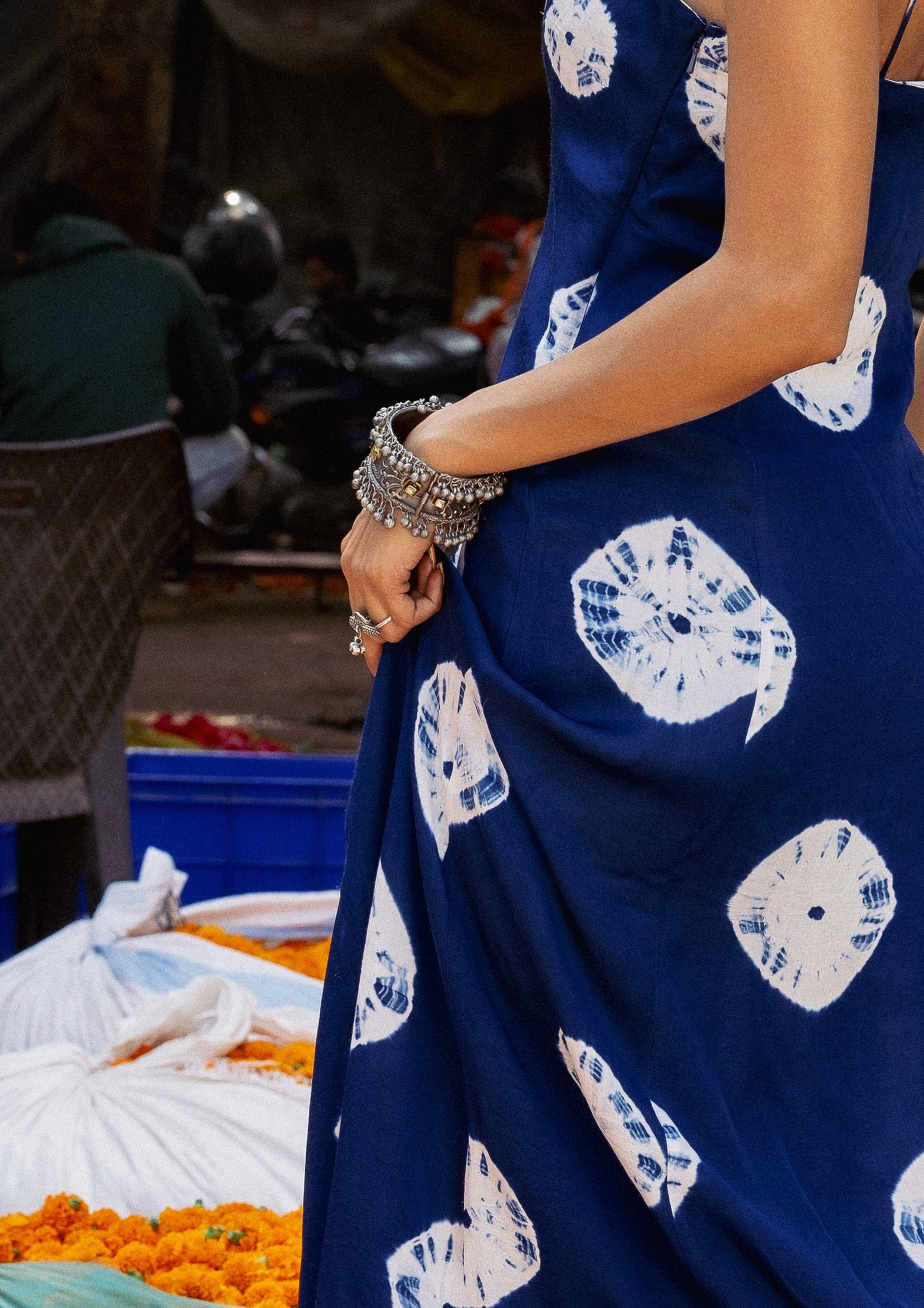Indigo Bandhani Jodha dress from The Raw India featuring traditional tie-dye patterns and elegant embroidery.
