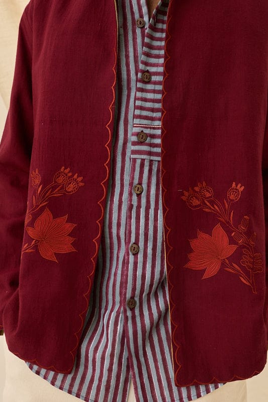 Reversible Kuhu handloom jacket by JODI, showcasing intricate woven patterns and dual-sided design in natural and vibrant colors.