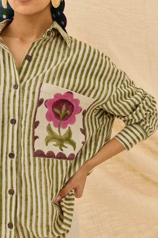 JODI Pihu handloom shirt with traditional woven patterns, showcasing a vibrant, textured fabric design for stylish casual wear.