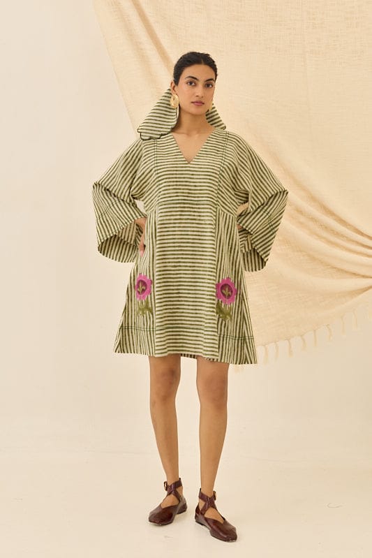 JODI Pihu handloom shift dress in vibrant fabric with a relaxed fit and short sleeves, displayed on a hanger.