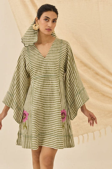 JODI Pihu handloom shift dress in vibrant fabric with a relaxed fit and short sleeves, displayed on a hanger.
