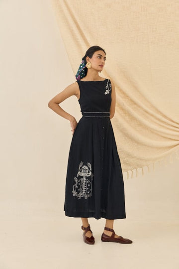 JODI Jugnu handloom dress featuring vibrant traditional woven fabric and intricate patterns, displayed on a hanger.