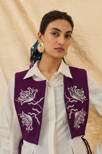 Morni handloom bib waistcoat by JODI featuring intricate traditional weaving and natural fabric, displayed on a neutral background.