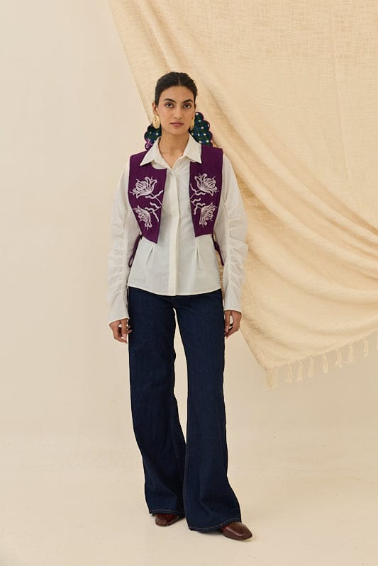 Morni handloom waistcoat by JODI featuring traditional woven fabric in natural tones, showcasing intricate handloom craftsmanship.