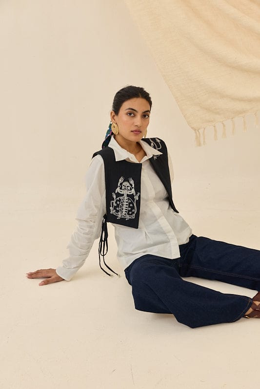 JODI Jugnu handloom bib waistcoat with intricate traditional design in vibrant colors, displayed on a plain background.