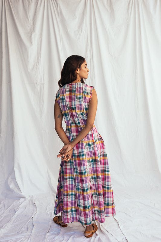 JODI Sherbet panel dress displayed on a model, featuring vibrant color blocks and a stylish, modern design.