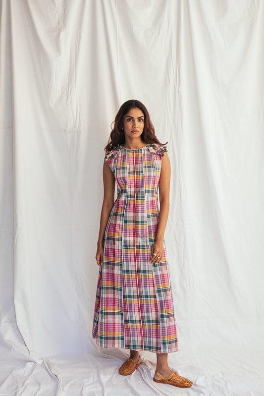 JODI Sherbet panel dress displayed on a model, featuring vibrant color blocks and a flowing, stylish design.