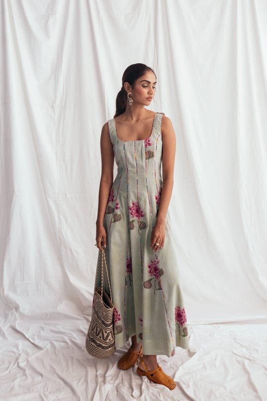 JODI Gulkand panel dress featuring a flowing fabric and intricate detailing, stylishly displayed on a model.