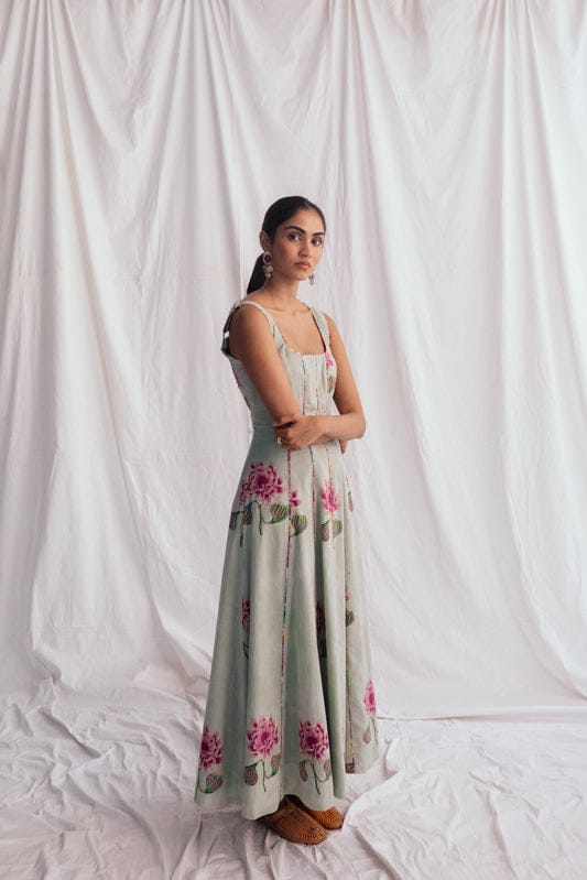 JODI Gulkand panel dress featuring floral patterns and elegant design, perfect for stylish occasions.
